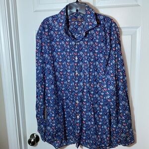 Alan Flusser Men Shirt XL Allover Floral Print Blue Pink Button Up 100% Cotton